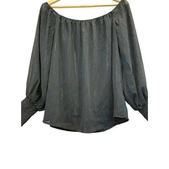 WAYF x BFF Sarah Silver Metallic & Black Off the Shoulder Top Sheer Long Sleeves - Picture 6 of 12